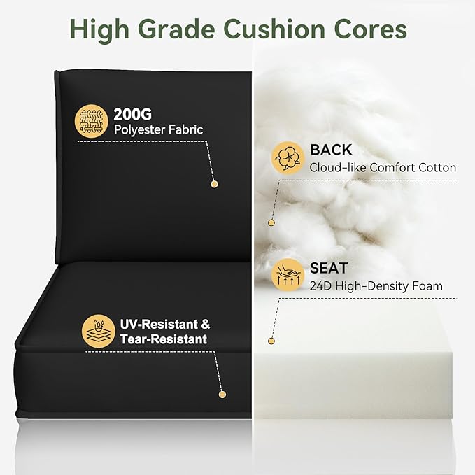 Aoxun Patio Furniture Cushions for Outdoor Furniture Set of 4, Thick Replacement Patio Couch Cushions for Outdoor Furniture, 7-Piece Splashproof Fade Resistant Outdoor Couch Cushions, Black