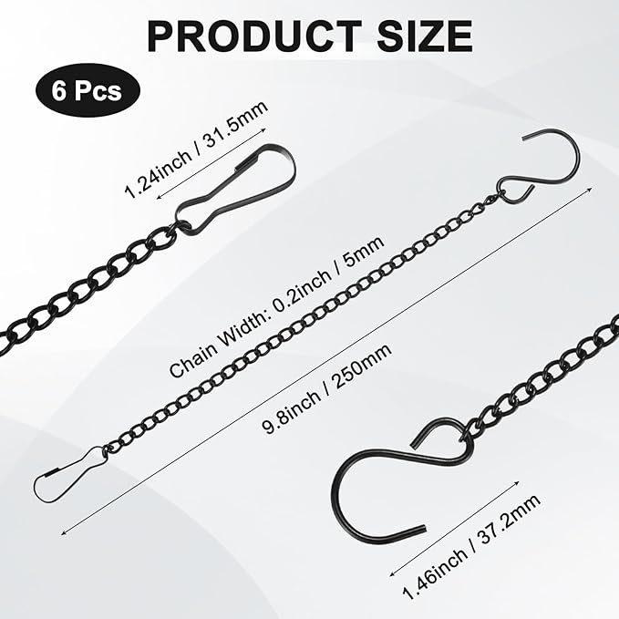 6-Pack Chain for Hanging Plants, 25cm(10 Inch) Adjustable Hanging Chain with Clips for Bird Feeder/Planter/Lantern/Wind Chime, Iron Basket Extender Hanger [Black]