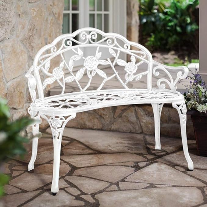 HOMEFUN Outdoor Bench, Patio Garden Benches Metal Loveseat White Cast-Aluminum Outside Furniture for Park Lawn Front Porch