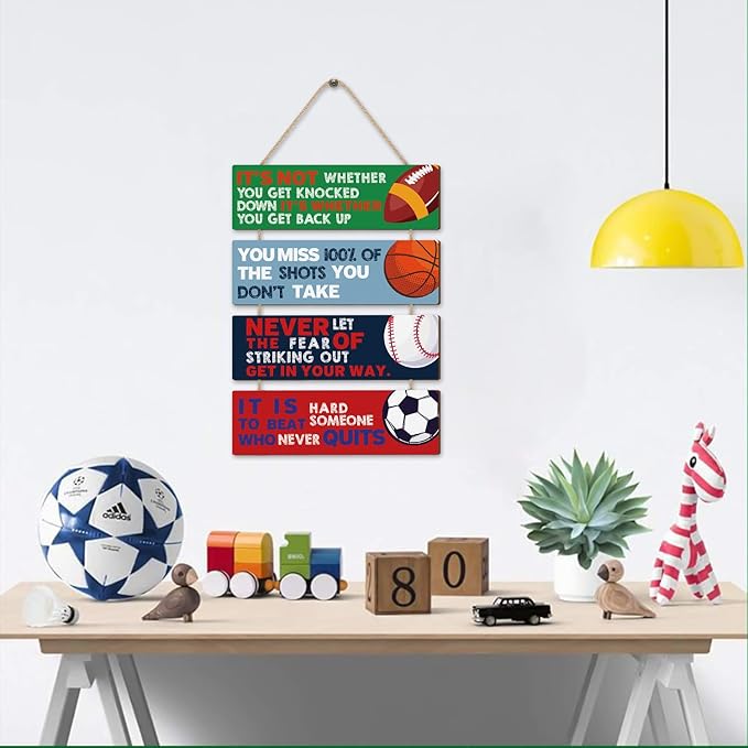 HLNIUC Sport Themed Wall Decor,Football Wood Sign(3.5"x12"),Inspirational Never Give Up Wooden Sign,Basketball Wood Hanging Wall Art For Boys Kids Room Playroom Nursery Decor(Modern style)