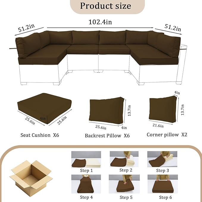 14 Pieces Outdoor Sectional Replacement Cushions for Patio Furniture, 4in Thick Outdoor Sofa Cushions for 6 Seat, Waterproof Deep Seat Couch Patio Cushion Set (Coffee Color)