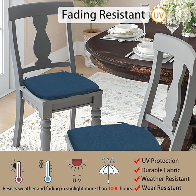 Magpie Fabrics Outdoor/Indoor 17"x16"x2" Chair Cushions with Ties Set of 2, Waterproof All Weather U-Shape Seat Pads Decoration for Patio Garden Furniture Home Office (Dark Blue)