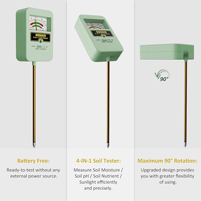 Sonkir Soil Moisture Meter, 4-in-1 Soil Ph Meter, Soil Tester for Nutrients, Moisture, PH and Light, Soil Ph Test Kits for Plant, Great for Garden, Indoor & Outdoor Use (No Battery Required), Green