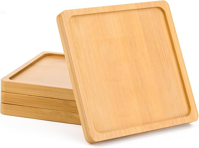 Cosmos 4 Pcs Bamboo Plant Saucer Succulent Pot Holder Drainage Tray with Raised Edge for 3.5 Inch Small Plant Flower Pots (Square Shape)