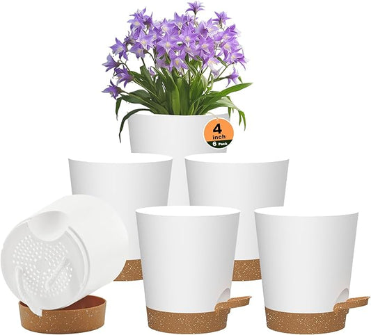 Self Watering Pots, 4 inch Flower Pots with Multi Mesh Drainage Holes, Small Platic Planters for Indoor Outdoor Garden Plants and Flowers (Whtie with Brown Tray, 4")