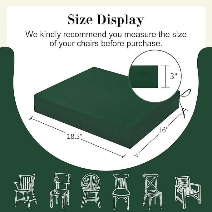 Cozyide Outdoor Chair Cushions, Waterproof Patio Seat Cushions with Adjustable Straps, Square Corner Patio Chair Cushions for Garden, Dark Green, 18.5x16x3 Inch (Pack of 4)