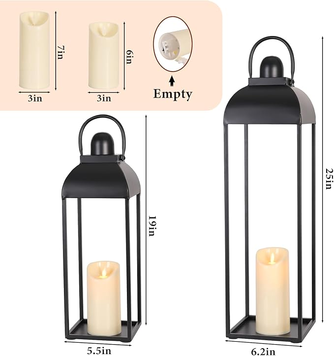 25'' 19'' Lanterns Decorative Outdoor Indoor, Black Metal Outdoor Candle Lanterns, Set of 2 Modern Farmhouse Decorative Lantern for Fireplace, Patio, Porch, Floor, Christmas Lantern (No Glass)