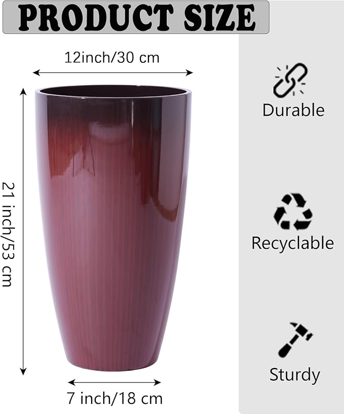 Large Outdoor Planters with Movable Insert Shelf/Drainage Hole, 21 Inch Black to Scarlet Gradient- Glossy Finish for Indoor Modern House Décor Outdoor Flower Pots