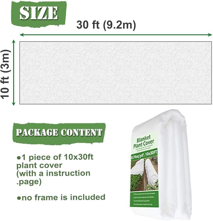 Plant Covers Freeze Protection 10 ft x 30 ft Floating Row Cover 1.5oz/yd² Garden Fabric Plant Cover for Winter Frost/Sun Pest Protection (10FT X 30FT)