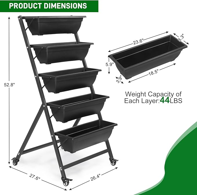 5 Tier Metal Vertical Raised Garden Bed,Tiered Planter Stand with Wheels,Vertical Garden Planter for Indoor & Outdoor,Vegetable Flower Raised Stand,for Patio Balcony Lawn Porch Yard (Black)