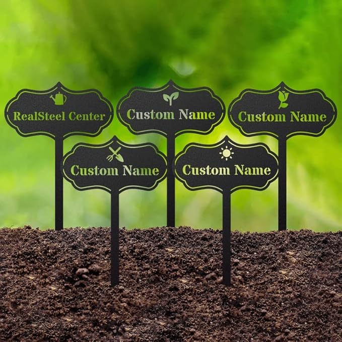 RealSteel Custom Seed & Plant Markers – Metal Garden Stakes for Herbs, Fruits & Vegetables | Elegant Steel Plant Labels for Pots, Raised Beds & Outdoor Gardens | Farmhouse & Greenhouse | Sun Icon