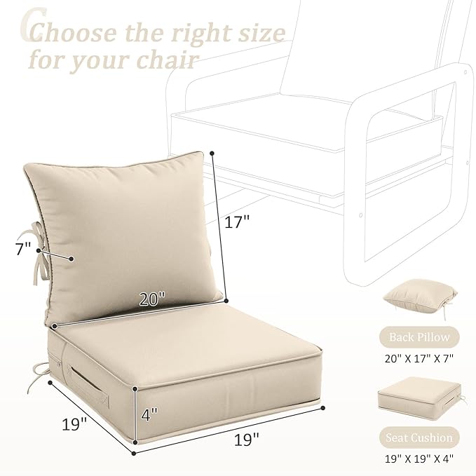 Outdoor Patio Chair Cushions Set 19 L X 19 W X 4 H Inch Waterproof & Fade Resistant Deep Seat and Back Cushions with Removable Covers Outdoor Seat Cushion Set for Chairs and Sofas