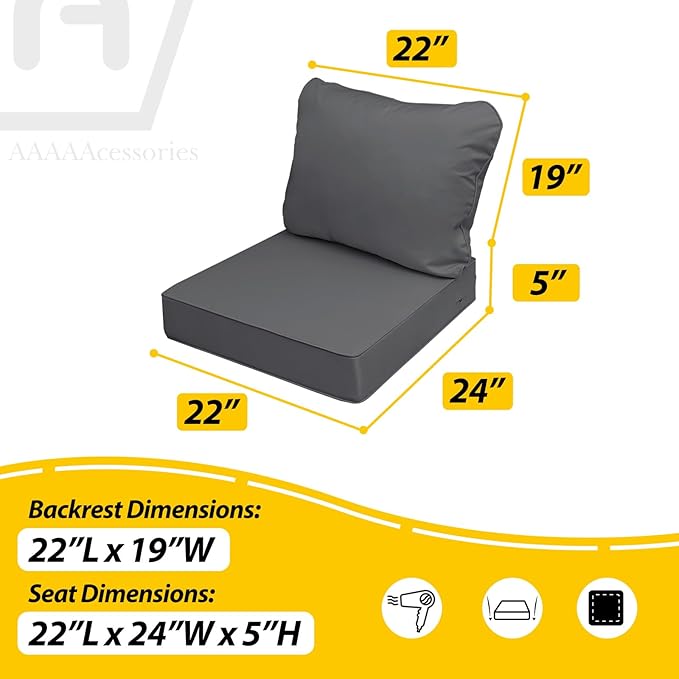 AAAAAcessories Outdoor Seat Cushions for Chairs, Fade-Resistant, Waterproof Patio Furniture Replacement Cushions, 22" x 24" x 5" + 22" x 19", Dark Gray