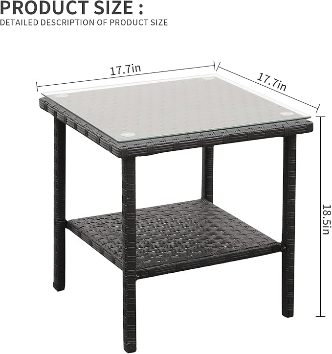 Valita Outdoor Wicker Glass Top Side Table Patio Rattan Square End Table, Black