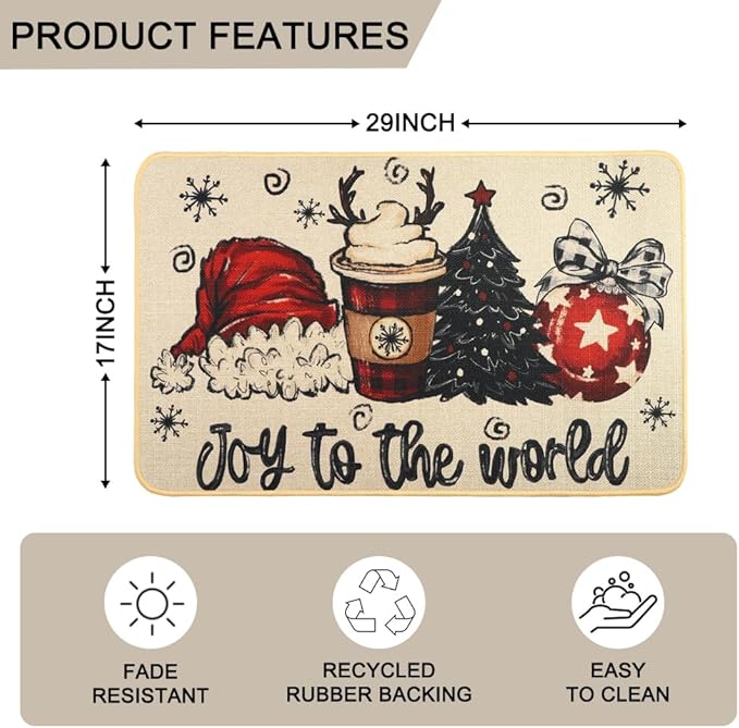 Christmas Welcome Doormat，Winter Outdoor Santa Hat Coffee Xmas Tree Rug Decor Floor Front Door Mat Non-Slip Entrance Mat for Home Kitchen Bathroom Decorations 17 X 29 Inch