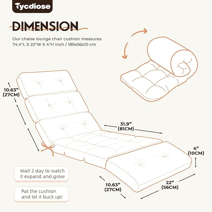 All Weather Chaise Lounge Cushions Outdoor Lounge Chair Cushion, Replacement Chaise Lounger Chair Cushion Waterproof for Outdoor Patio Furniture with Non-Slip Back and Ties, Orange
