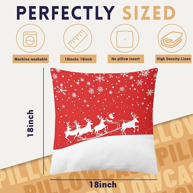 Christmas Red Pillow Covers 18x18 inch Set of 4, Santa Sleigh Reindeer Snowflake Winter Throw Pillows Cover Sofa Couch Pillow Cases for Farmhouse Indoor Home Decor Decorations