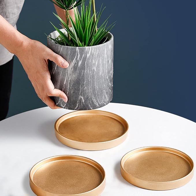 7 Inches Round Ceramic Plant Saucer Drip Tray Set of 2 for Indoor Small Flower Pots Home Garden Outdoor Flower Plant Pot,Gold Saucers