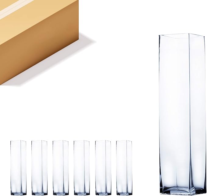 WGV Tall Square Vase Glass Block Bulk, Length 4", Height 16", Clear Floral Container, Masterpiece, Planter Terrarium for Wedding Party Event, Home Office Decor, 6 Pieces