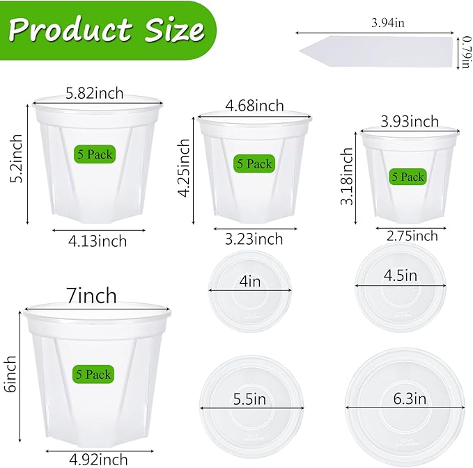 40Pack 4/5/6/7 inch Plastic Clear Nursery Pots with Saucer, 4 Sizes Garden Pots Plant Pots with Drainage Holes for Flower,Herb,Succulent,Plants, 100 pcs Plant Labels,5 Set for Indoor Outdoor