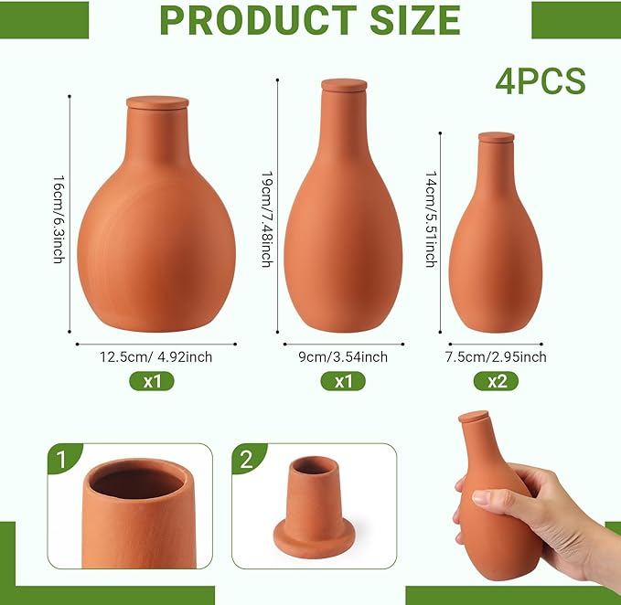 4 Pcs Self-Watering Ollas Terracotta Watering Pots with Lid, 12oz 20oz 33oz Terra Cotta Clay Plant Automatic Plant Irrigation Devices Clay Garden Olla Pots Plants Waterers 3 Size
