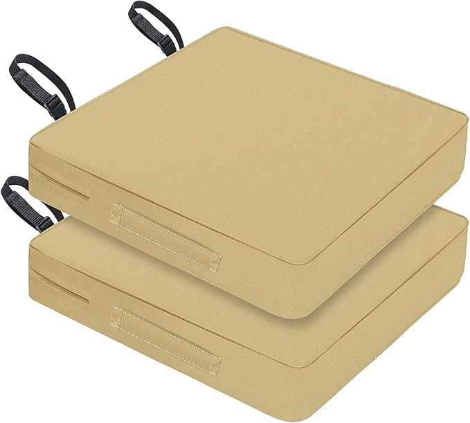 Patio Chair Cushion 24" Square Waterproof Outdoor Seat Cushions for Patio Furniture Garden Sofa Couch Chair Cushions with Handle and Adjustable Straps (2 Pack, Beige)