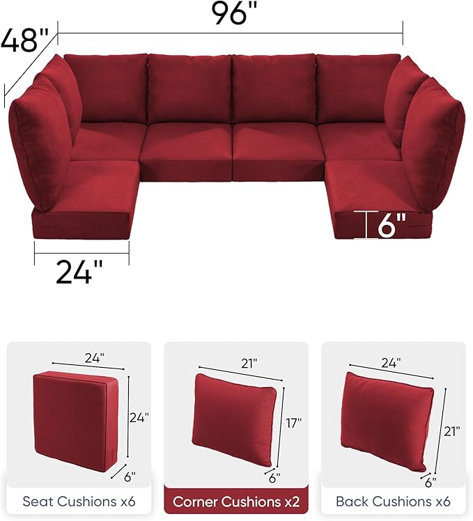 Luxury 24x24x6 Outdoor Seat Cushions for 6-Seat Sectional Sofa Set of 6 - Water-Repellent 14-Piece Patio Cushion Set for Outside Rattan Wicker Loveseat Chair L-Shape Couch - Red/Classic
