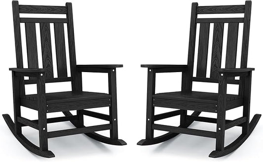 KINGYES Oversized Outdoor Rocking Chair Set of 2, All-Weather Patio Rocking Chairs for Porch, HDPE Outdoor Patio Rockers with High Back & Wide Seat for Garden, Lawn, Black
