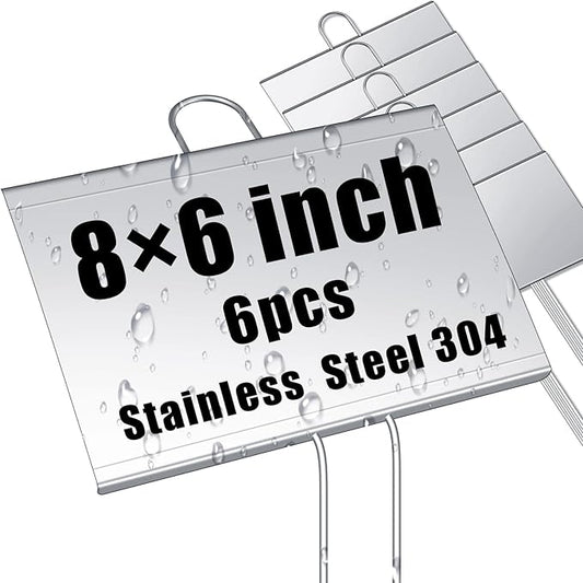 Landhoow 6 Pcs Large Garden Plant Markers Metal Plant Labels Sign 6'' x 8'' with 13'' Stake Weatherproof Waterproof Garden Sign for Outdoor Seedlings Herbs Vegetable Greenhouse, Silver