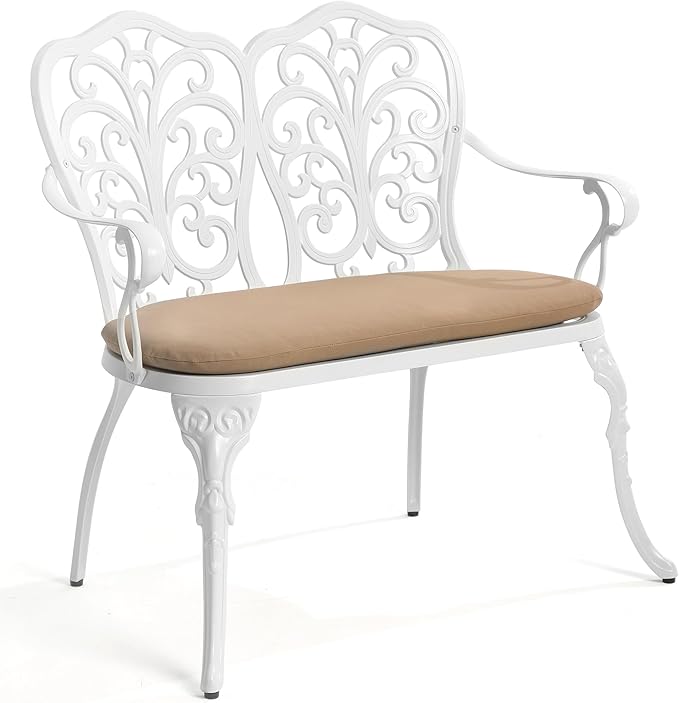 HOMEFUN Outdoor Bench with Cushion - Patio Garden Benches Metal Loveseat Butterfly Cast-Aluminum Outside Furniture for Park Lawn Front Porch White