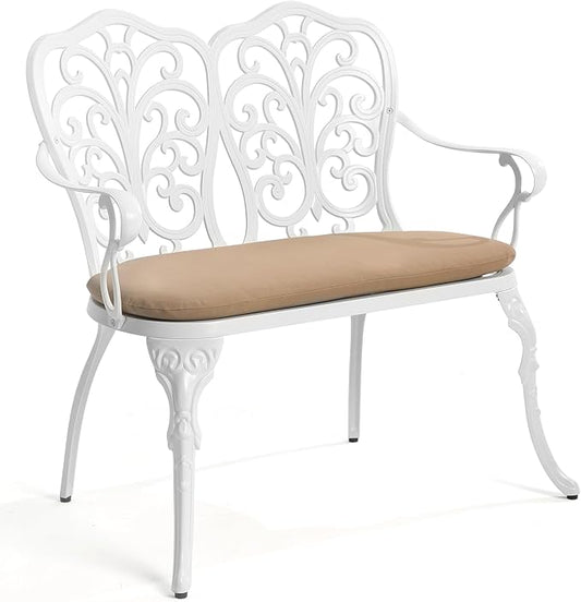 HOMEFUN Outdoor Bench with Cushion - Patio Garden Benches Metal Loveseat Butterfly Cast-Aluminum Outside Furniture for Park Lawn Front Porch White
