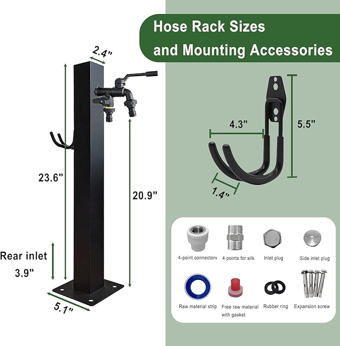Outdoor Vertical Garden Water Column, Square Freestanding Hose Stand with 2 in 1 Double Brass Faucet, Freeze Proof Vertical Water Hydrant for Exterior Patio Backyard and Lawn