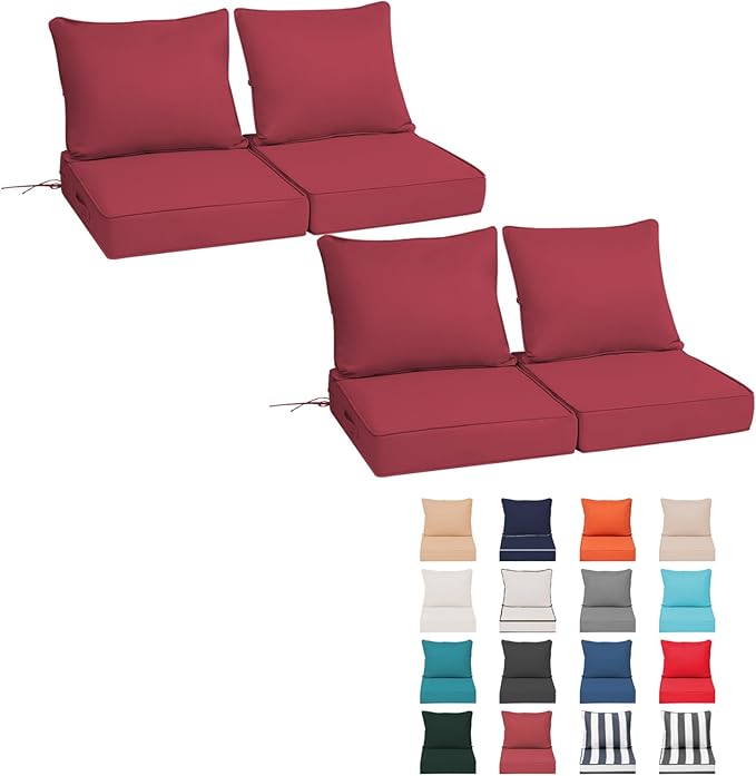 Outdoor Chair Cushions 4 Set, 22 x 22 x 4IN, Patio Deep Seat Cushion for Patio Furniture, Waterproof & Fade Resistant Thick Deep Seating Pads for Outside Wicker Ratten Chair Sofa Couch,Burgundy
