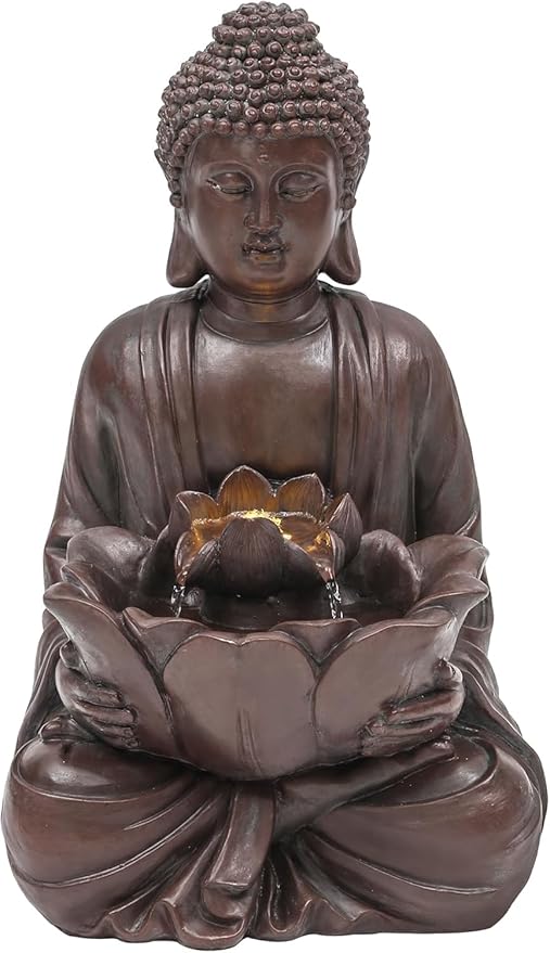 18.9" H Buddha Outdoor Water Fountain, Zen Style Garden Fountain with LED Lights and Pump, Relaxing Waterfall for Patio, Porch, or Yard Decor, Faux Bronze