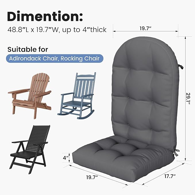 Amopatio Adirondack Chaise Lounge Cushions 4" Thick Set - Outdoor Chair Cushions for Patio Furniture, Contoured Design with Anti-Slip Straps & Water-Resistant Fabric for Adirondack Chairs, Dark Gray