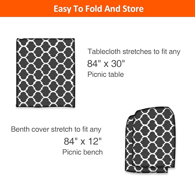 KENOBEE 7ft Picnic Table and Bench Cover, Camping Essentials RV Gear, 84 in Waterproof Windproof Outdoor Elastic All Around Tablecloth, Fitted Rectangle Tables and Seats, Black-White Moroccan