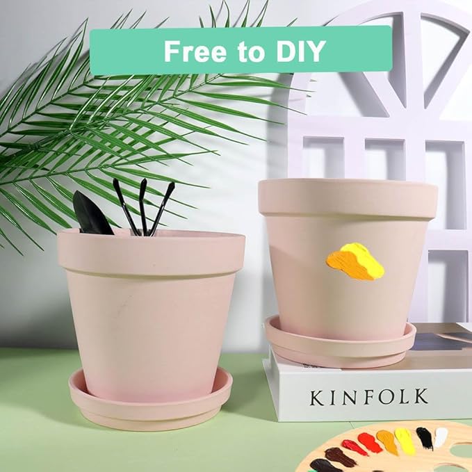vensovo 8 Inch Pink Clay Pot for with Saucer - Large 2 Pcs Terra Cotta Plant Pot with Drainage Hole, Flower Pot with Tray, Terracotta Pot for Indoor Outdoor
