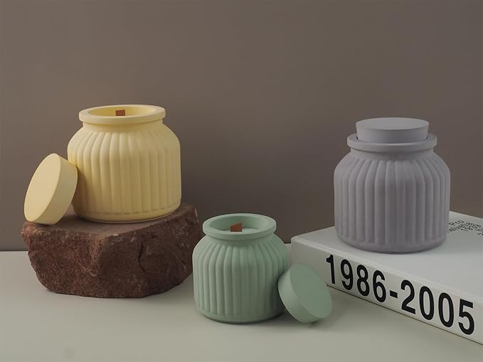 Storage Box With Lids, Silicone Candle Jar Molds Set, Creative Vessels Pot Molds, Concrete Round Stripe With Cover Bottle Making Moulds for Holder (L-2Pcs)