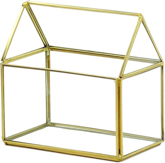 WGV Geometric Planter Terrarium, Width 6" x 3.5" Height 6" Clear Glass Gold Frame DIY Succulent air Plant Miniature Fairy Garden Windowsill Tabletop Decor, House 1 Piece