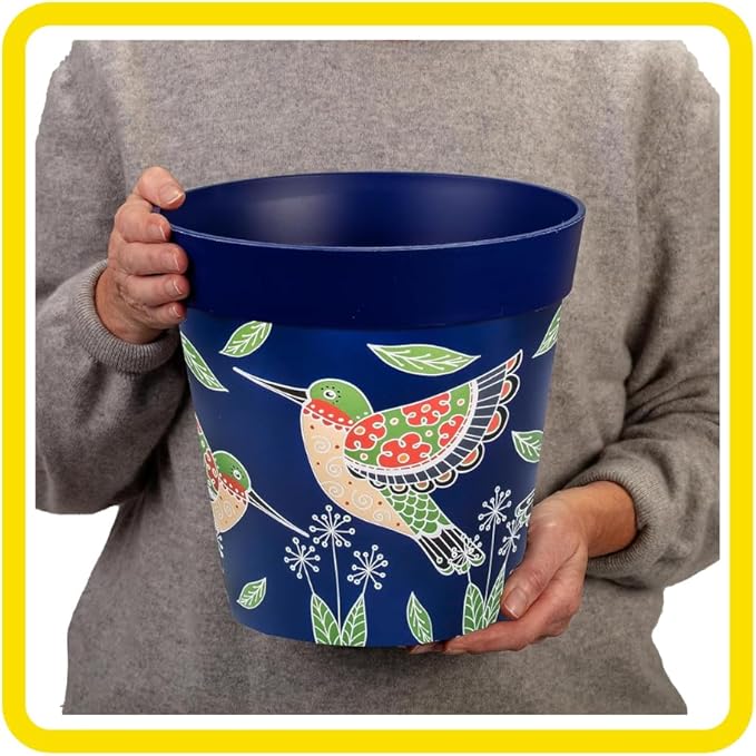 Hum Flowerpots, 10 inch Set of 3, Various Patterns Colors and Sizes, Indoor/Outdoor Plastic Plant Pots (Blue Hummingbirds)