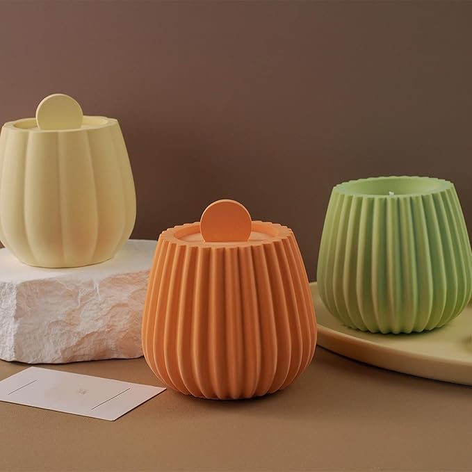 Storage Box with Lids, Silicone Candle Jar Molds Set, Creative Vessels Pot Molds, Concrete Round Stripe with Cover Bottle Making Moulds for Storage Holder (R-2Pcs)