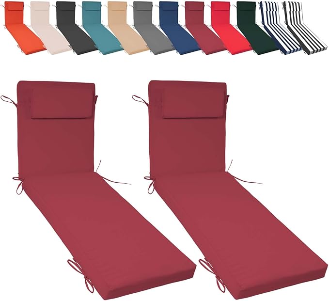 Chaise Lounge Cushions Outdoor Set of 2, 72x21x3 Lounge Chair Cushions for Outdoor Furniture, Patio Lounger Pads with Removable Cover for Pool, Deck, Lawn,Burgundy
