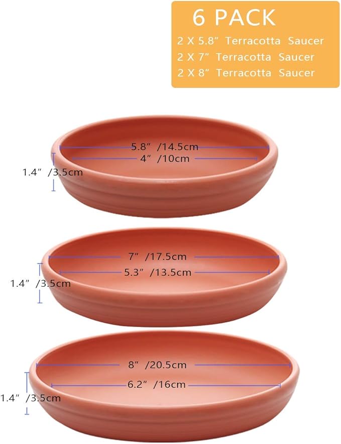 SAROSORA Round Plastic Plant Saucer Drip Tray Set of 6 for Indoor Outdoor Home Garden Flower Plant Container Flower Pot Pallets ((5.8''+7"+8'') x2, Terracotta)