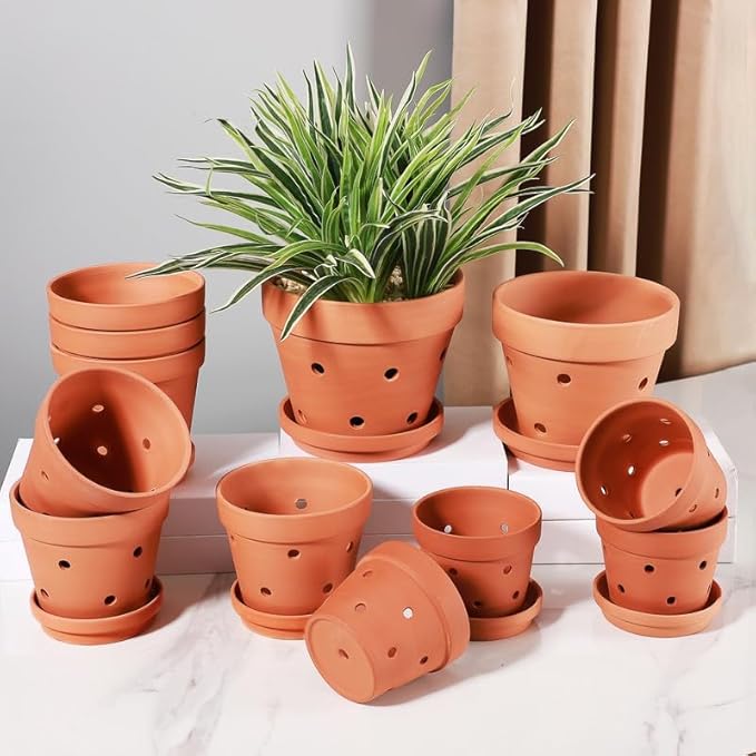 Yishang 4.6 Inch Clay Orchid Pots with Drainage Holes & Saucers - 6 Pack Small Terracotta Planter Pots for Repotting, Plant Flower Pots for Orchid Indoor & Outdoor, Promotes Air Circulation