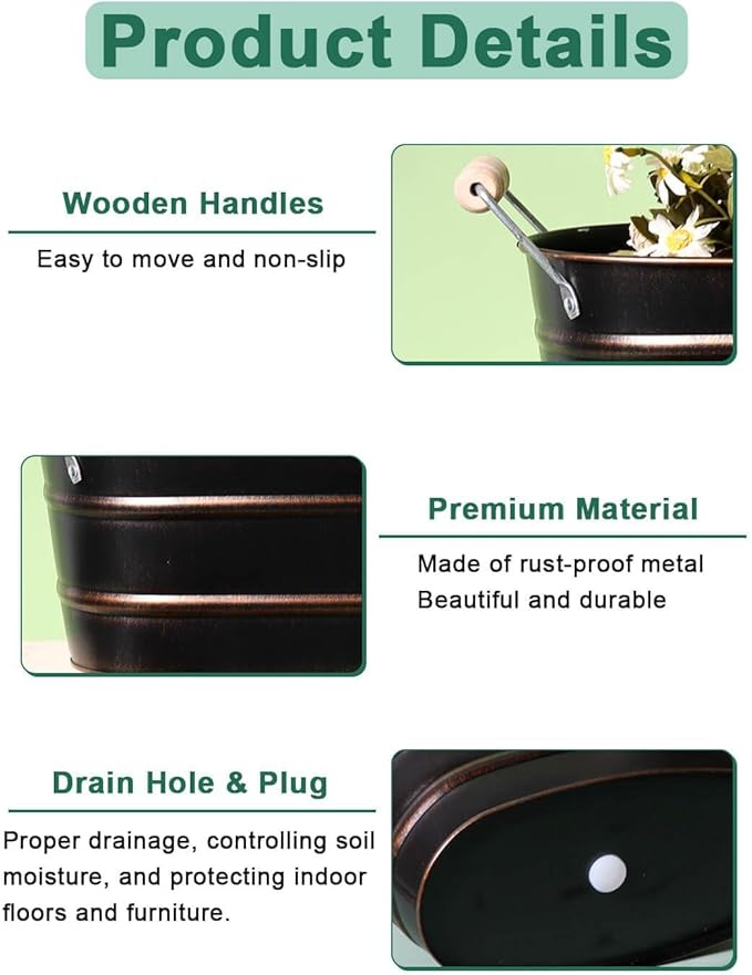 Galvanized Metal Oval Planter Buckets with Handles – Set of 3 Rustic Farmhouse Flower Tubs with Drain Holes & Plugs, Vintage Small Pots for Herbs, Succulents, Wedding or Tabletop Decor (Black)