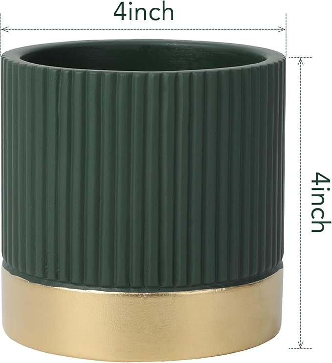 Set of 3 Cement Planter Pots with Drainage Hole,4 inch Plant Pots for Plants Indoor Houseplants,Succulent Pots Windowsil Planter (Green&Gold)