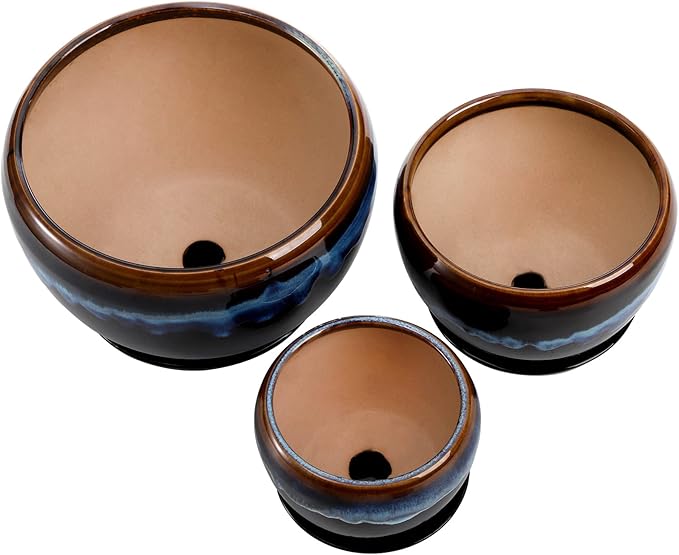 AVLA 3 Pack Ceramic Flower Pots, Gardening Drip Glazed Planter, Plant Pot with Drainage Hole and Saucer, 7/5/4 Inch Rustic Houseplant Container for Succulent Herbs Cactus Orchid, Home Indoor Outdoor