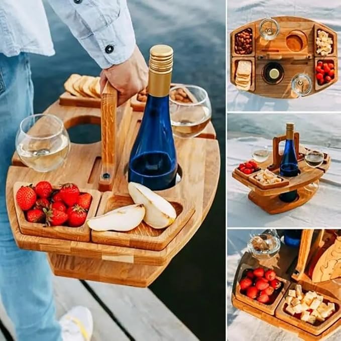 Folding Wooden Picnic Table with Wine Glass Holder - Portable Camping Table for Beach, Park & Outdoor Use, Champagne and Beverage Stand