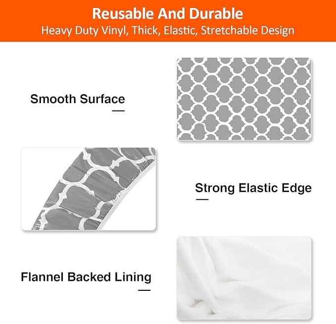 KENOBEE 8ft Picnic Table and Bench Cover, Camping Essentials RV Gear, 96 in Waterproof Windproof Outdoor Elastic All Around Tablecloth, Fitted Rectangle Tables and Seats, Gray-White Moroccan