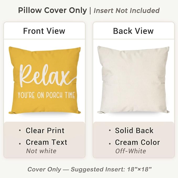PANDICORN Farmhouse Throw Pillow Covers 18x18 Inch Relax Porch Time Yellow Outdoor Spring Summer Decorations Decorative Cushion Case for Front Porch Patio Couch Sofa Decor